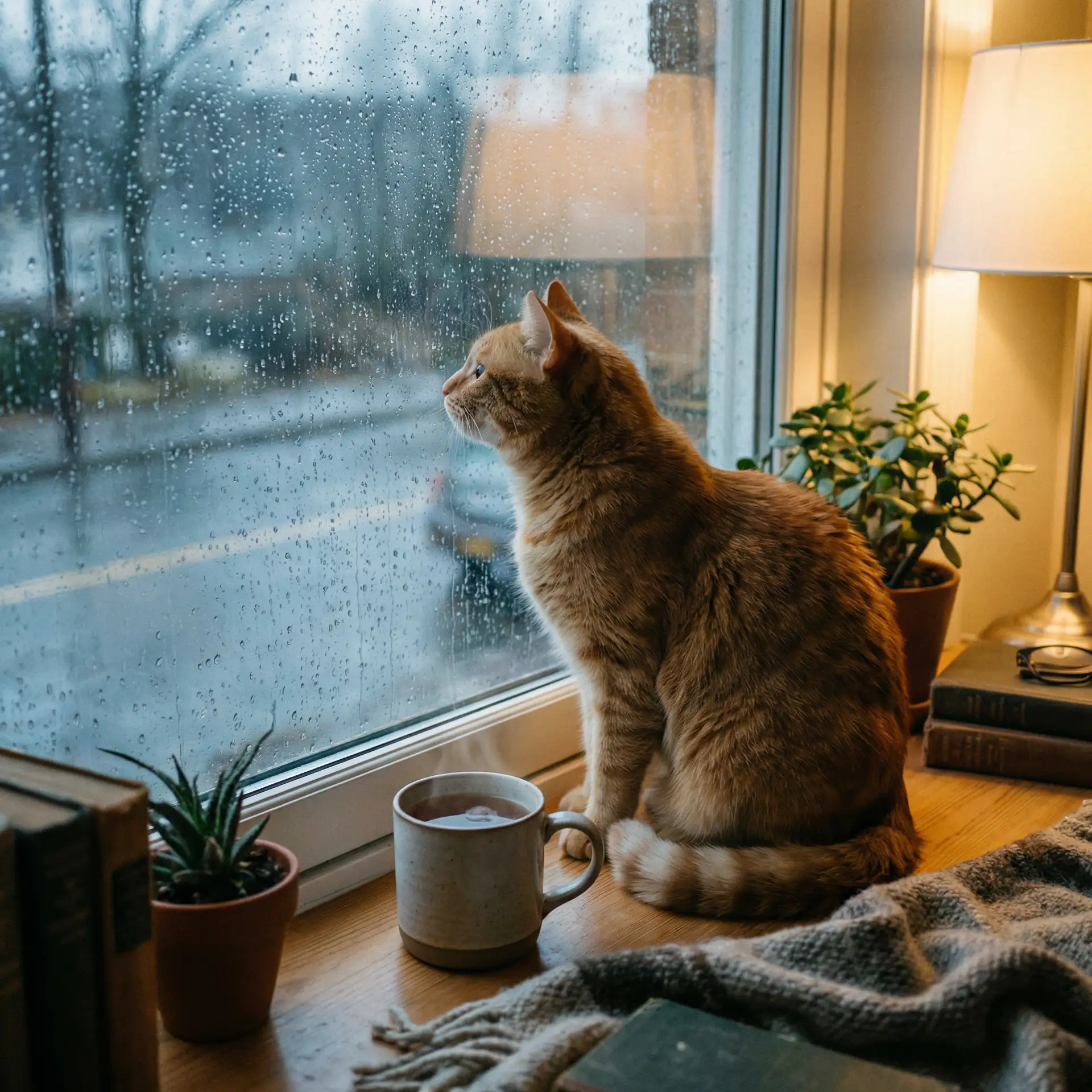 猫咪望着窗外的雨 - 半夜打扑克疼的视频